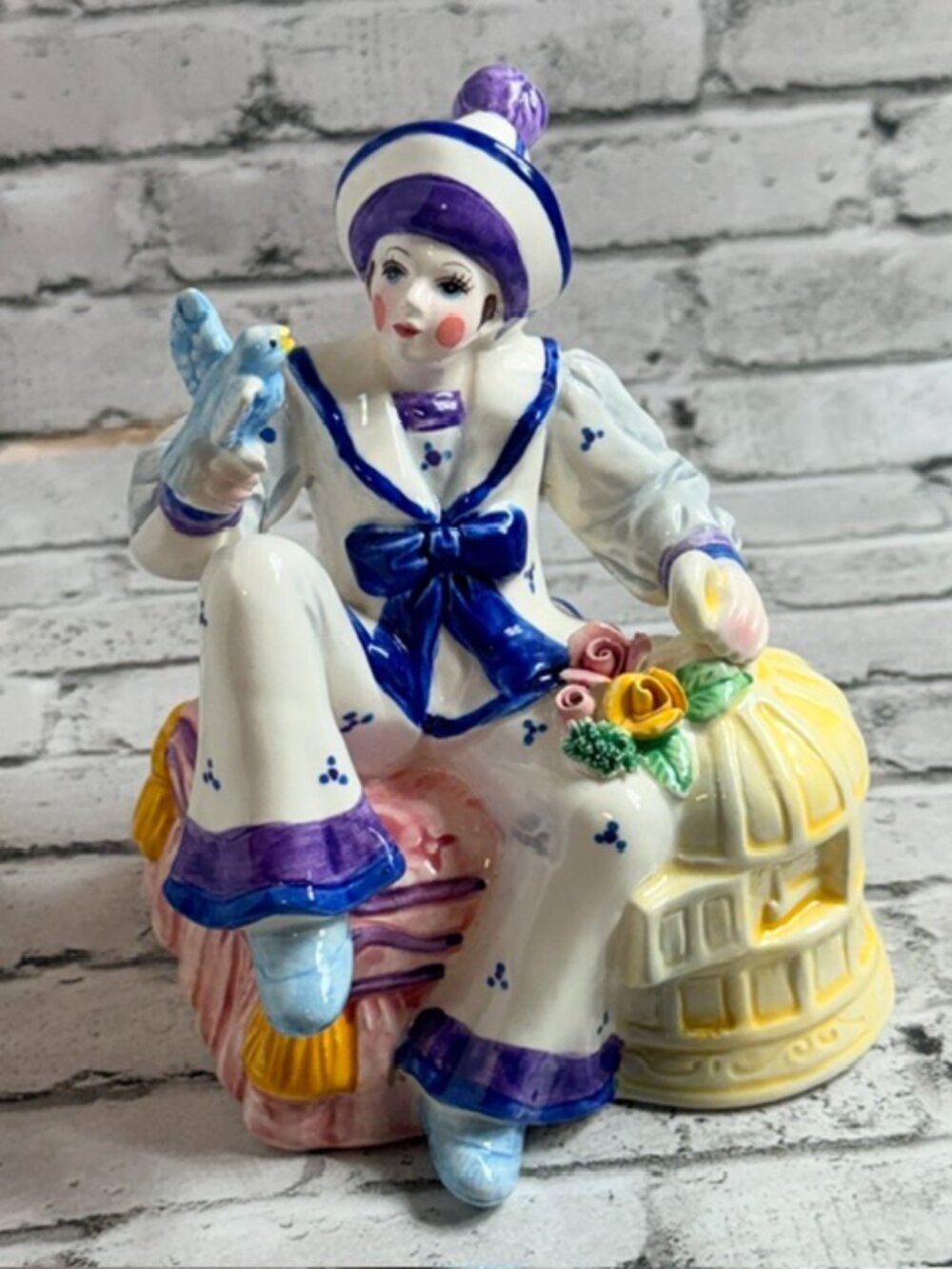 Vintage Yamada Schmid Music Box Figurine Circus Clown Mime Bird Cage Teach World